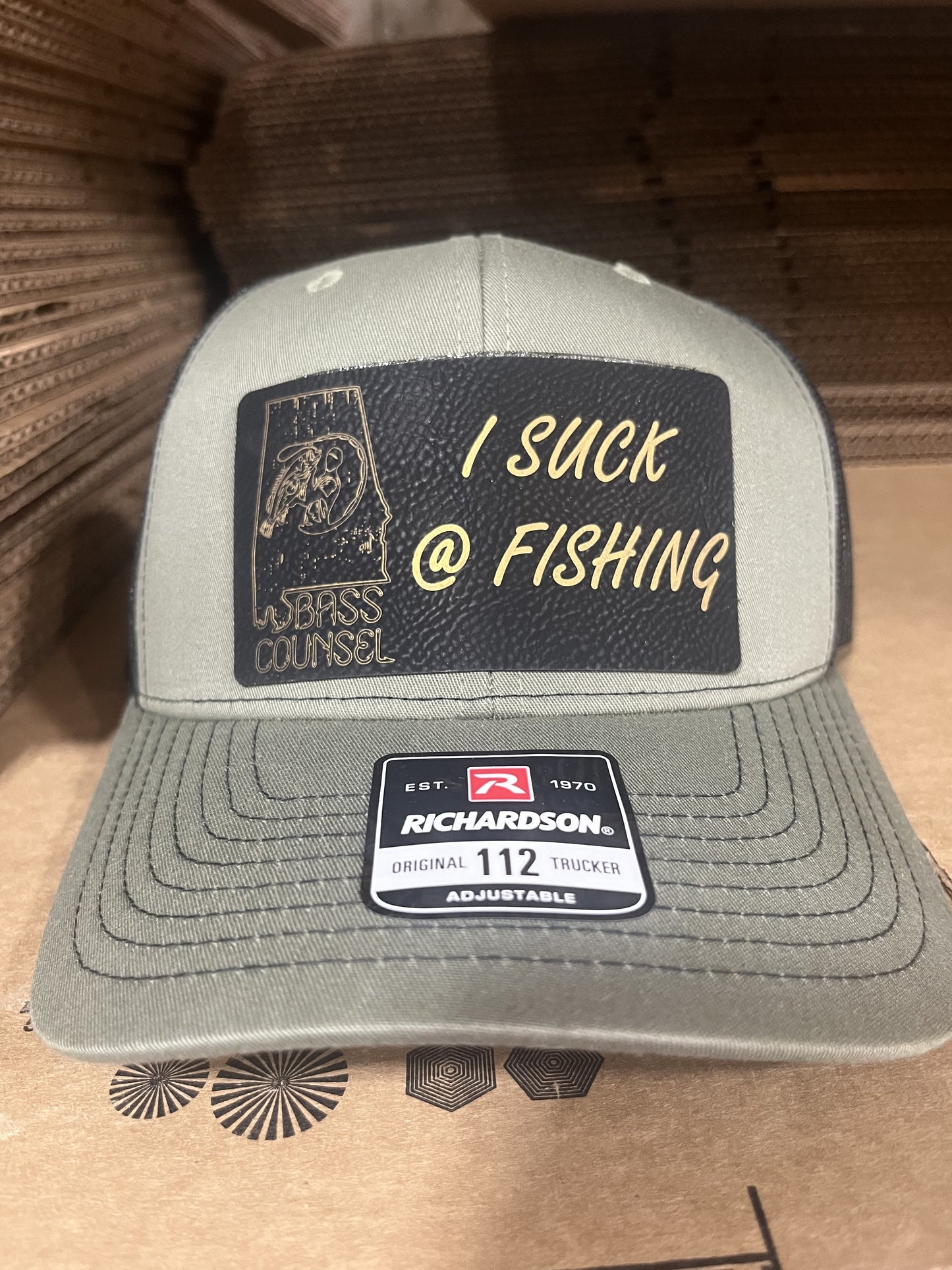 I Suck @ Fishing Hat Leather Emblem